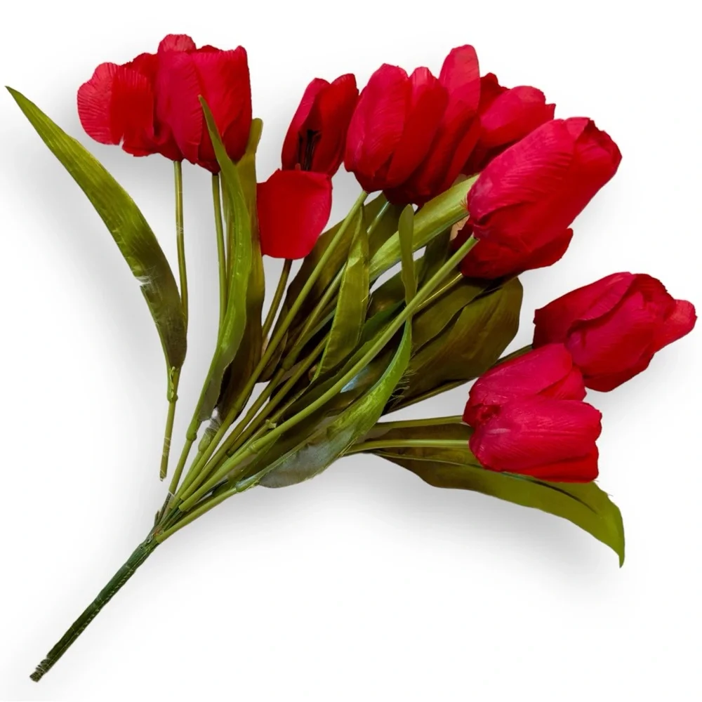 13 Red Silk Tulips Flowers Spring Summer Table Floral Arrangement Faux Florals